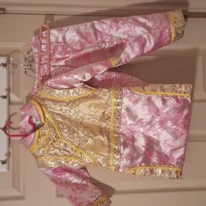 Size 4 Traditional Child's Chinese Outfit. Pink &  Gold Patterned Floral Overlay